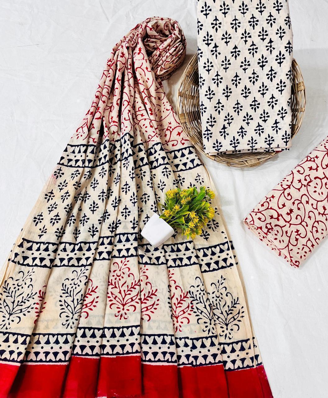 Wholesale Handblock Printed Cotton Mul Dress Material Set with Mul Dupatta – Offwhite Color, Artisan-Crafted in Rajasthan for Designers, Boutiques, and Bulk Orders